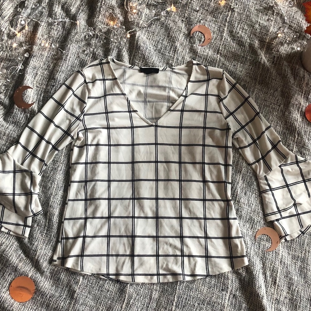 “Mine” Windowpane Plaid Top with Fluted Sleeves